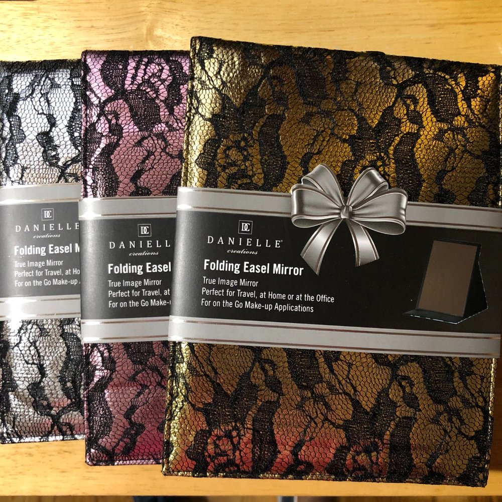 NWT Danielle Pink Gold Silver Lace Travel Home Folding Easel Mirror Lot of 3